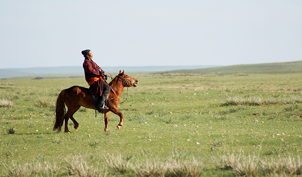 Mongolský pastevec na koni